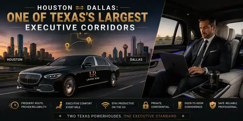 Mercedes-Maybach executive transportation between Houston and Dallas featuring luxury private chauffeur service, business travel comfort, productivity, privacy, and premium intercity travel across one of Texas’s busiest executive corridors.